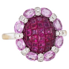 Invisible Set Ruby Ring Pink Sapphire Diamond 18k White Gold Sz 7.25 Jewelry