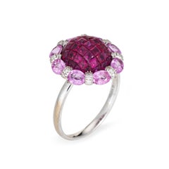 Invisible Set Ruby Ring Pink Sapphire Diamond 18k White Gold Sz 7.25 Jewelry