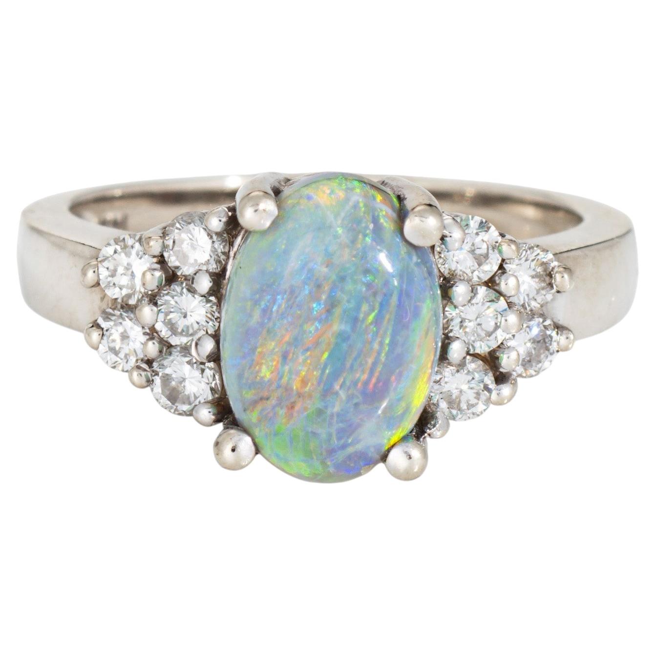 Natural Semi Black Opal Diamond Ring Vintage 14k White Gold Fine Jewelry Sz 6.5