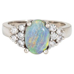 Anillo vintage de diamantes con ópalo negro natural, de oro blanco de 14k, joyería de alta gama, talla 6,5