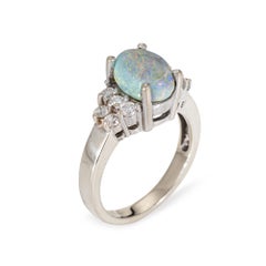 Anillo vintage de diamantes con ópalo negro natural, de oro blanco de 14k, joyería de alta gama, talla 6,5