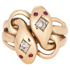 Anello vittoriano antico a doppio serpente con diamanti e rubini, misura 5, in oro 10k