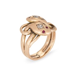 Antique Victorian Double Snake Ring Diamond Ruby Band Sz 5 Serpent 10k Gold