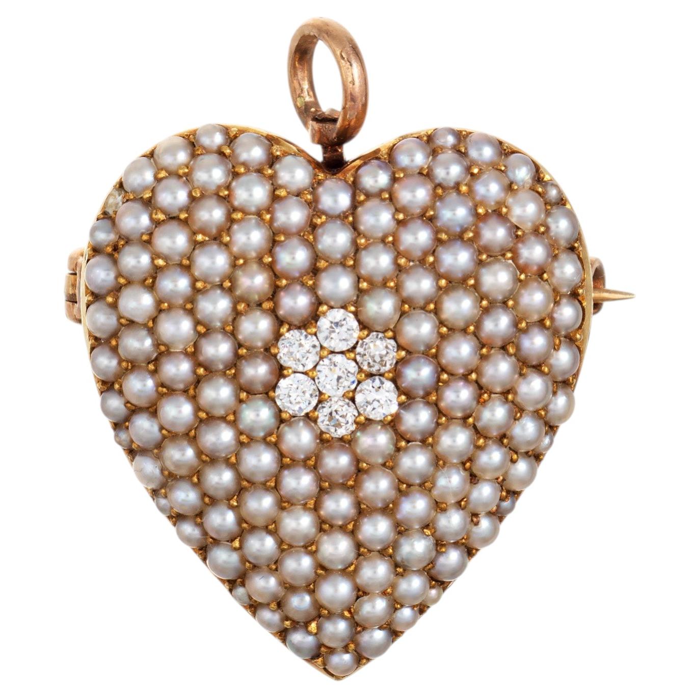 Antique Victorian Pearl Diamond Heart Pendant 14k Rose Gold Krementz Jewelry