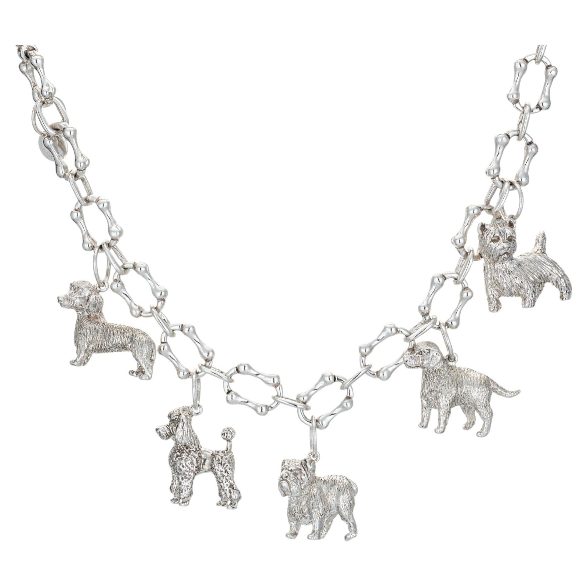 80s Vintage Tiffany & Co Dog Charm Bracelet Bone Links Sterling Silver 7.5"