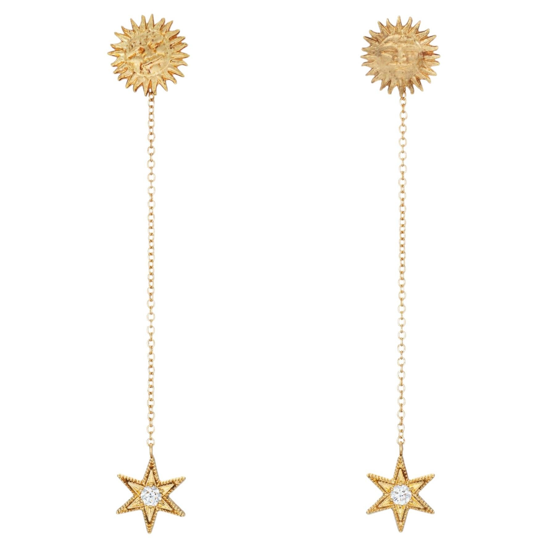 Boucles d'oreilles « Sunface Star Drop » d'Anthony Lent, bijoux de collection en or jaune 18 carats, signés