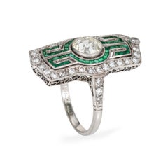 Vintage-Art-Déco-Diamantring, 2,16 Karat, „Calibre“-Smaragde, Größe 7, Platin, längliche Form