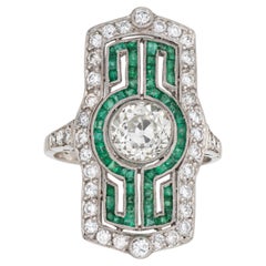 Vintage-Art-Déco-Diamantring, 2,16 Karat, „Calibre“-Smaragde, Größe 7, Platin, längliche Form