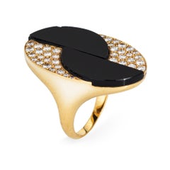 70s Vintage Onyx Diamond Large Cocktail Ring 18k Yellow Gold 7.25 Oval Jewelry