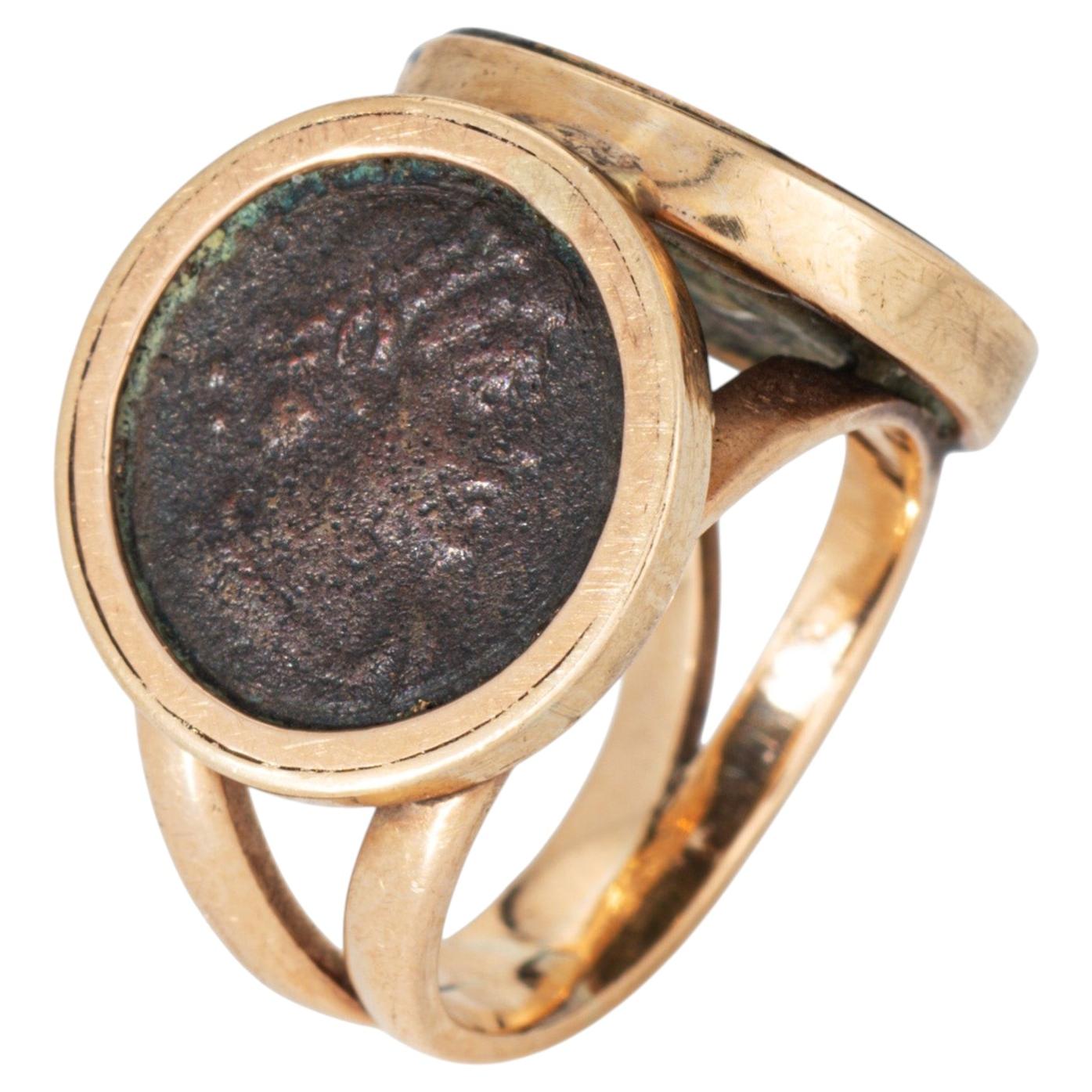 c1970 Vintage Double Ancient Coin Ring 14k Yellow Gold Sz 5.5 Fine Jewelry