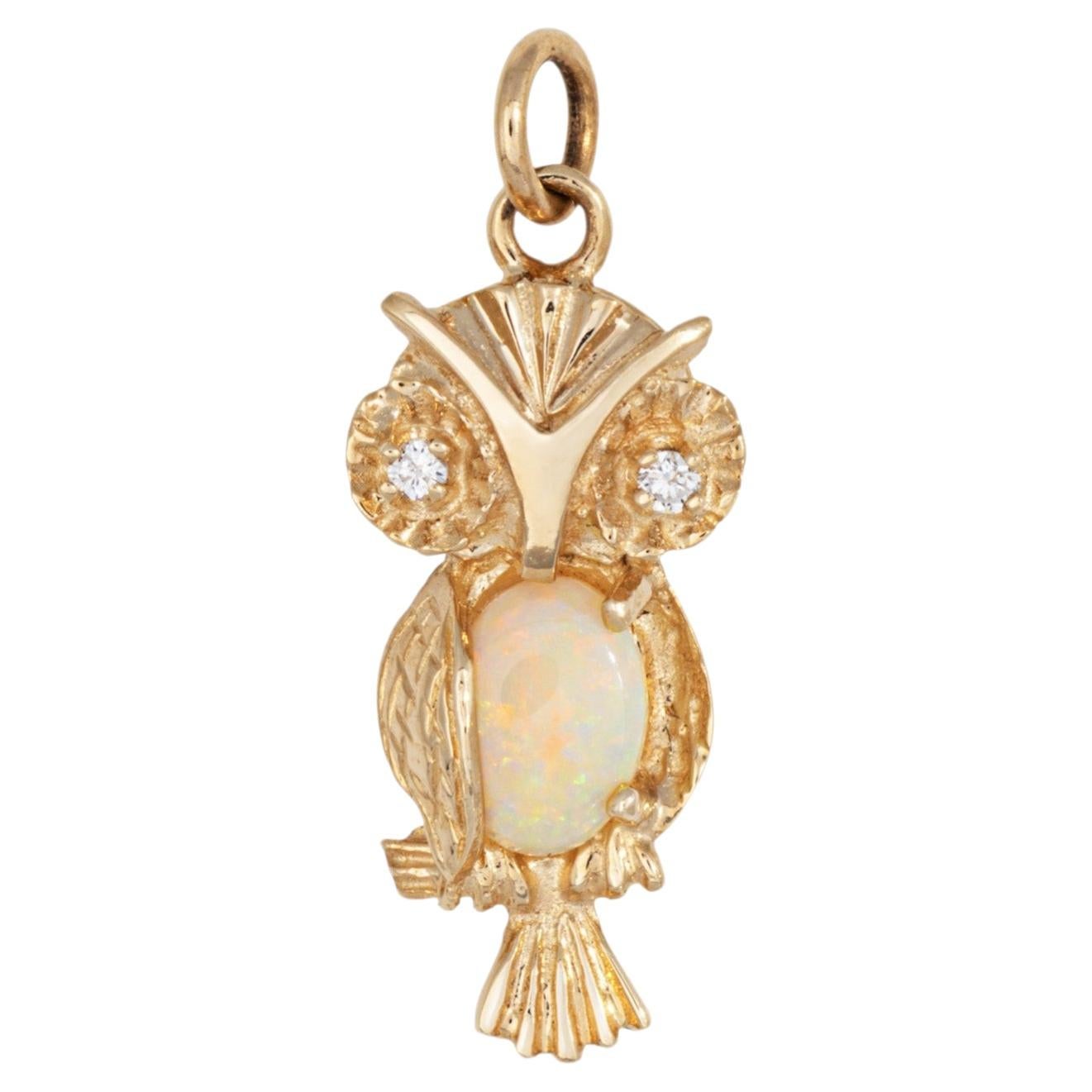 Owl Pendant Vintage 14k Yellow Gold Opal Diamond Eyes Estate Charm Jewelry For Sale
