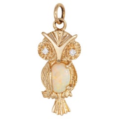 Owl Pendant Vintage 14k Yellow Gold Opal Diamond Eyes Estate Charm Jewelry