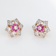 Mid Century Ruby Diamond Snowflake Earrings 14K Yellow Gold Studs Vintage