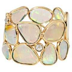 Opal Diamond Wide Band Ring Sz 6.5 18k Yellow Gold Mosaic Statement Jewelry