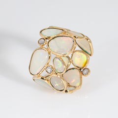 Opal Diamond Wide Band Ring Sz 6.5 18k Yellow Gold Mosaic Statement Jewelry