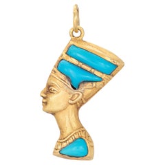 Vintage Nefertiti Reversible Pendant 14k Gold Lapis Lazuli Turquoise Egyptian