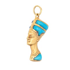 Vintage Nefertiti Reversible Pendant 14k Gold Lapis Lazuli Turquoise Egyptian