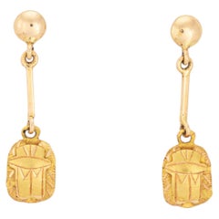 Vintage Egyptian Revival Scarab Earrings 1" Drops 14k Yellow Gold Fine Jewelry