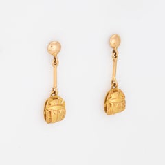 Vintage Egyptian Revival Scarab Earrings 1" Drops 14k Yellow Gold Fine Jewelry