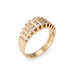 Vintage Diamond Ring Sz 4.75 Ribbed Wide Band 14k Yellow Gold Fine Jewelry