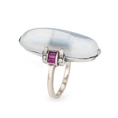 Retro Elongated Moonstone Ring Sz 5.5 Ruby Diamond White Gold Cocktail Jewelry