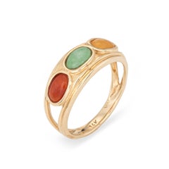 Vintage Three Stone Colored Jade Ring Sz 6.5 Band 14k Gold Stacking Jewelry