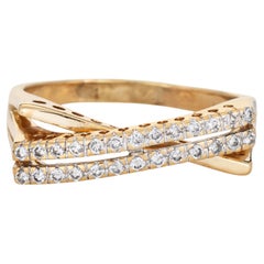 90s Vintage Diamond Crossover Ring Sz 9 14k Yellow Gold Double Row Bypass Band