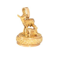 Antique Figural Deer & Fawn Pendant Fob Charm 19k Gold Portuguese Animal Jewelry
