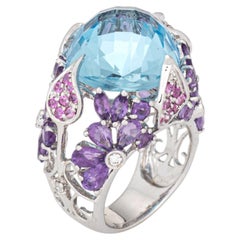 Blue Topaz Amethyst Cocktail Ring Sz 7 18k White Gold Flowers Vines Fine Jewelry