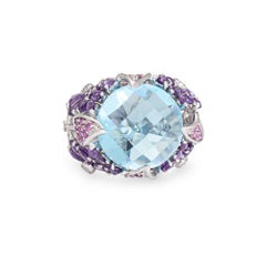 Blue Topaz Amethyst Cocktail Ring Sz 7 18k White Gold Flowers Vines Fine Jewelry