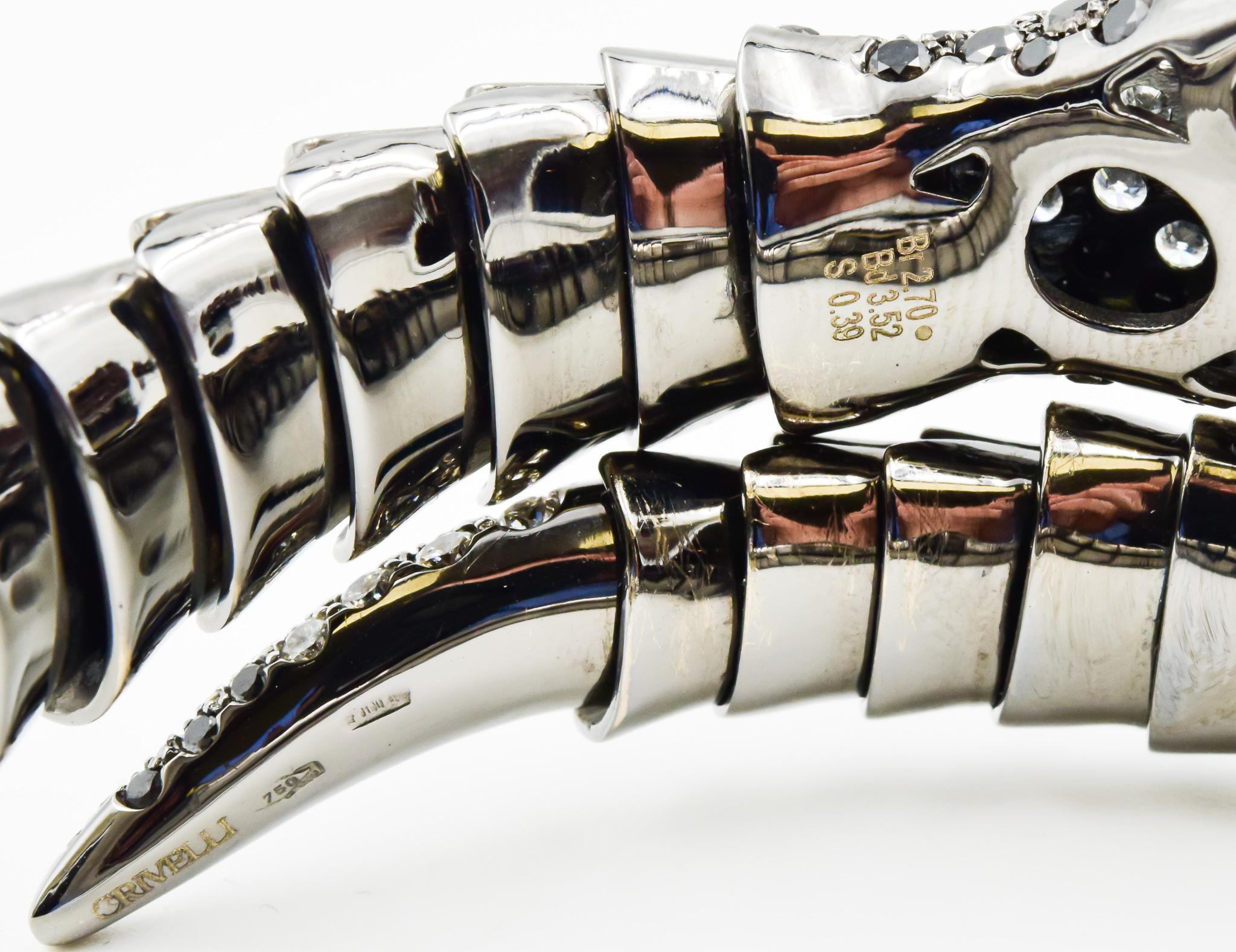 Round Cut Crivelli Diamond and Emerald Snake Bracelet in 18 Karat White Gold Black Rhodium