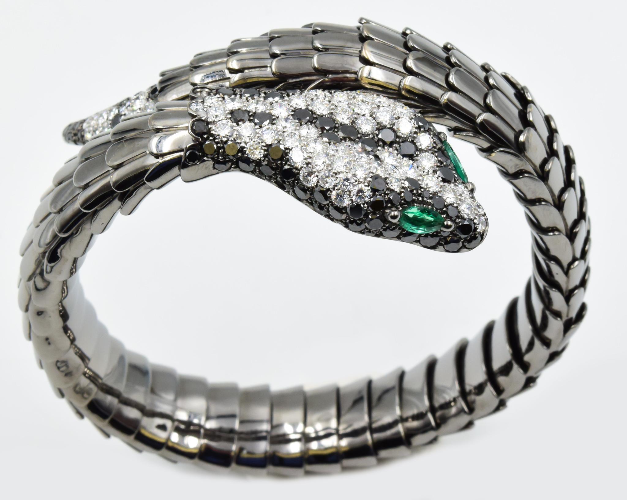 Crivelli Diamond and Emerald Snake Bracelet in 18 Karat White Gold Black Rhodium In New Condition In Carmel, IN