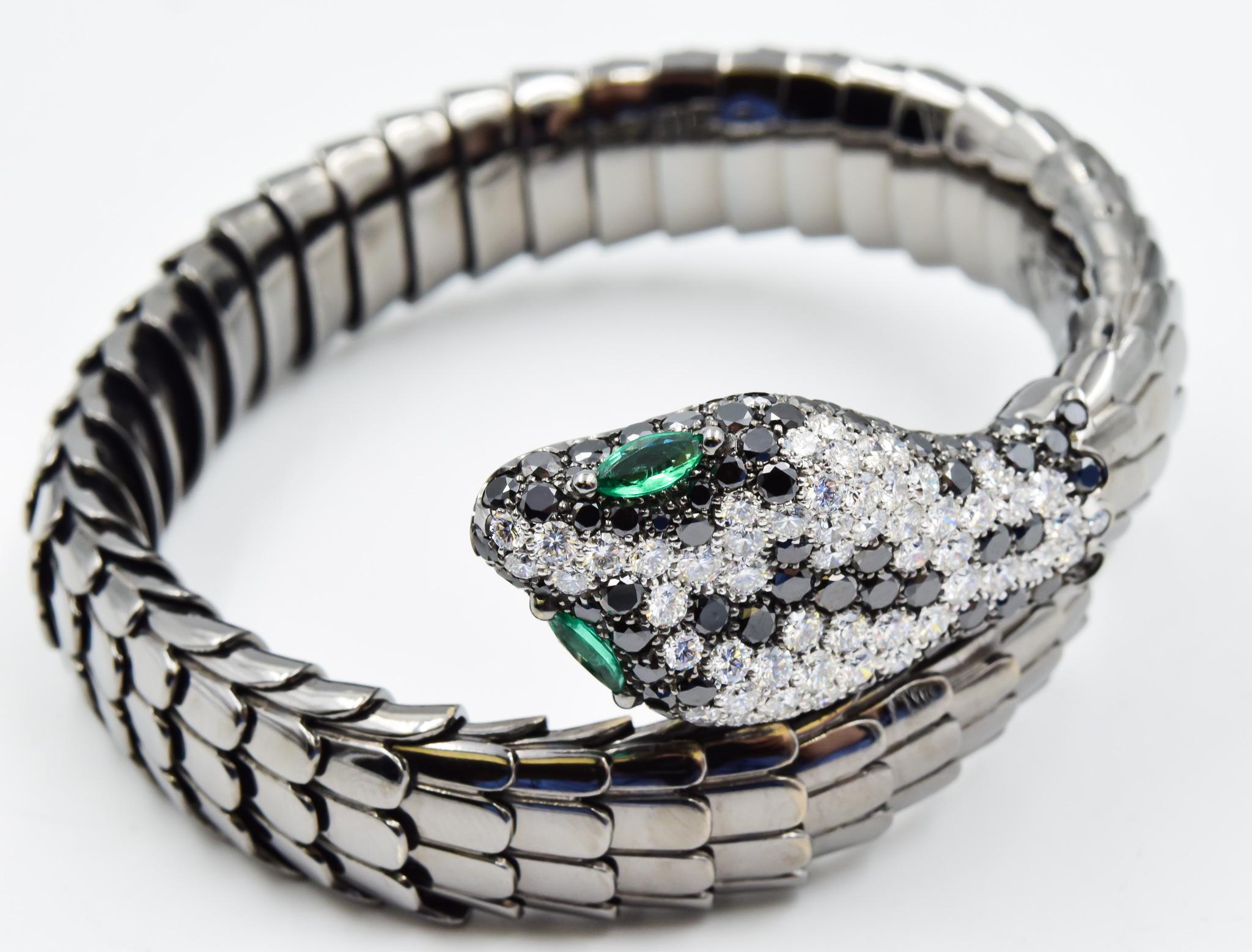 Women's Crivelli Diamond and Emerald Snake Bracelet in 18 Karat White Gold Black Rhodium