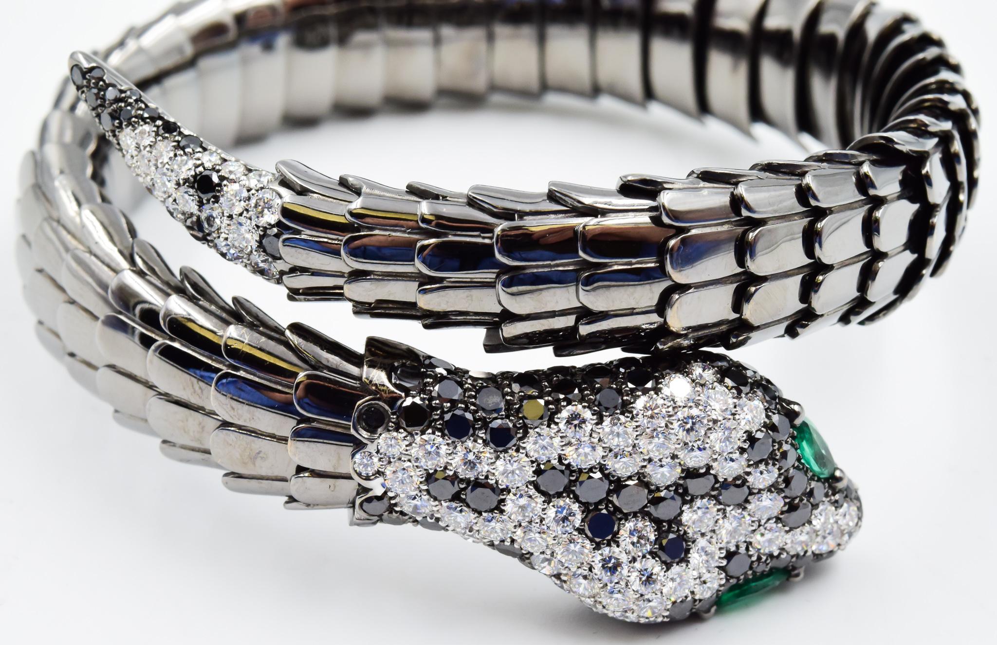 Crivelli Diamond and Emerald Snake Bracelet in 18 Karat White Gold Black Rhodium 1