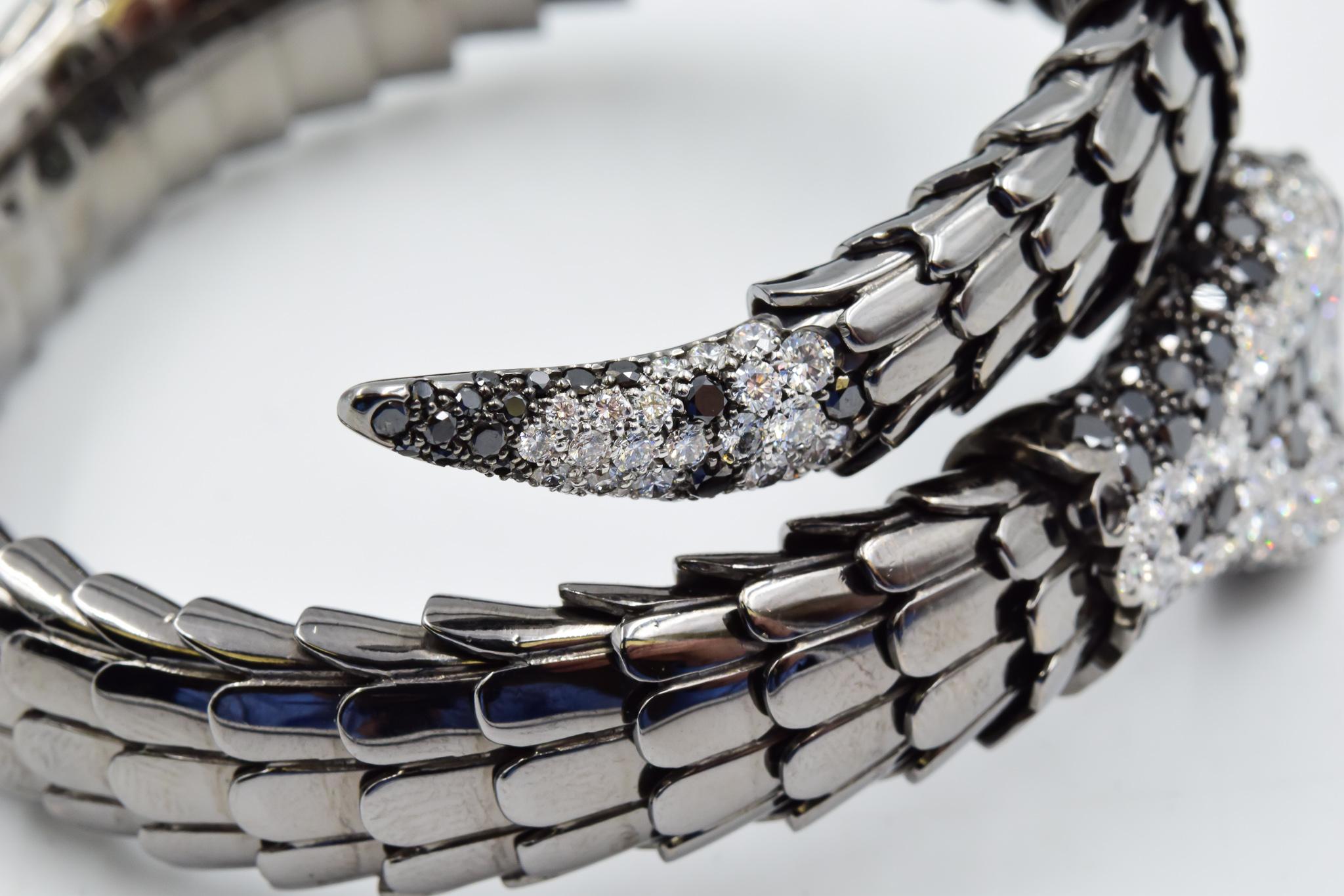Crivelli Diamond and Emerald Snake Bracelet in 18 Karat White Gold Black Rhodium 2