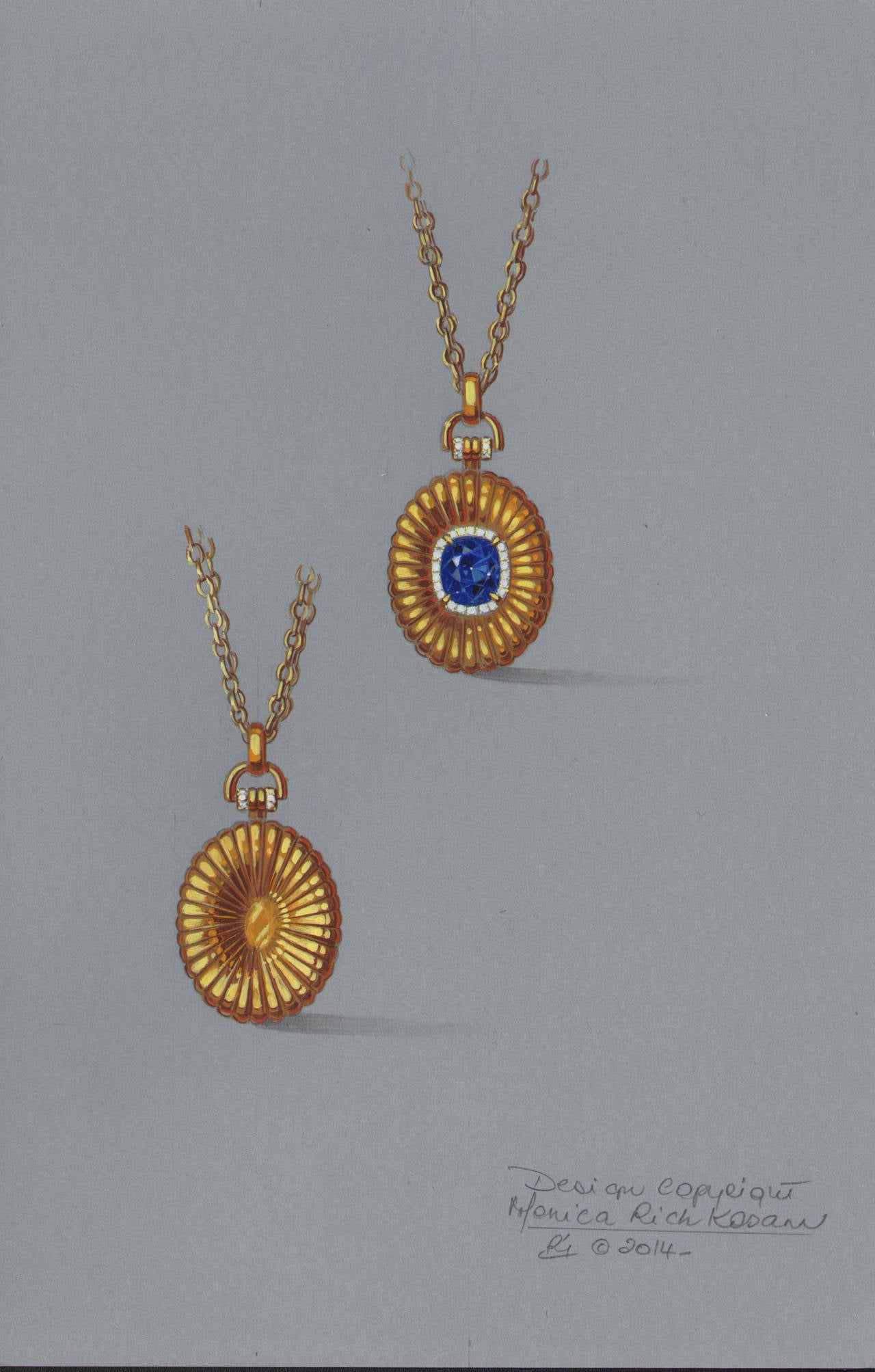 An 18K Yellow Gold Locket set with a cushion-cut sapphire surrounded by a diamond border on a 32