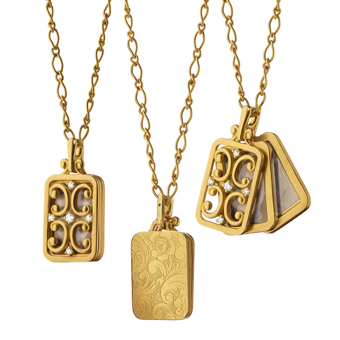An 18K gold rectangular gate locket in a satin finish with image cases to hold either two or three photos (the first image case could hold a photo on each side), accented by diamonds, the reverse with our signature floral pattern. Our gate locket
