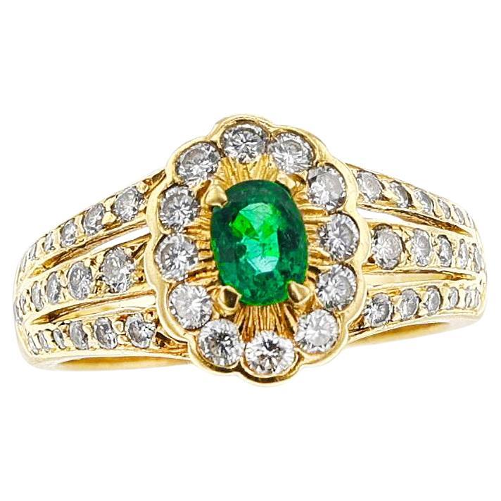 Floral Cluster Emerald and Diamond Ring, 18 Karat Yellow Gold For Sale