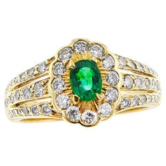 Vintage Floral Cluster Emerald and Diamond Ring, 18 Karat Yellow Gold