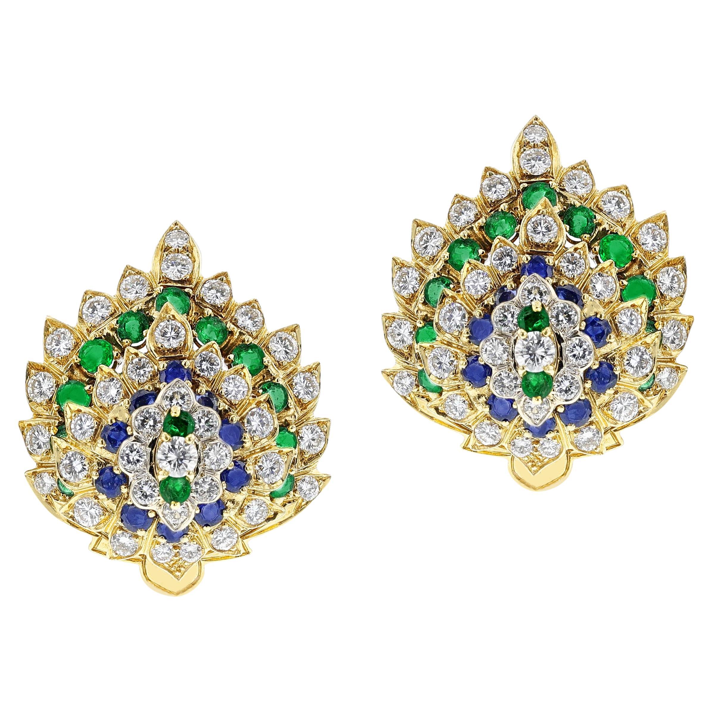 Leaf-Shape Diamond, Sapphire, and Emerald Large Cocktail Earrings, 18k