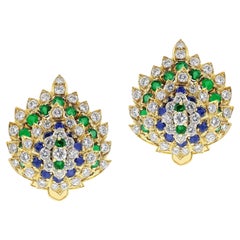 Leaf-Shape Diamond, Sapphire, and Emerald Large Cocktail Earrings, 18k