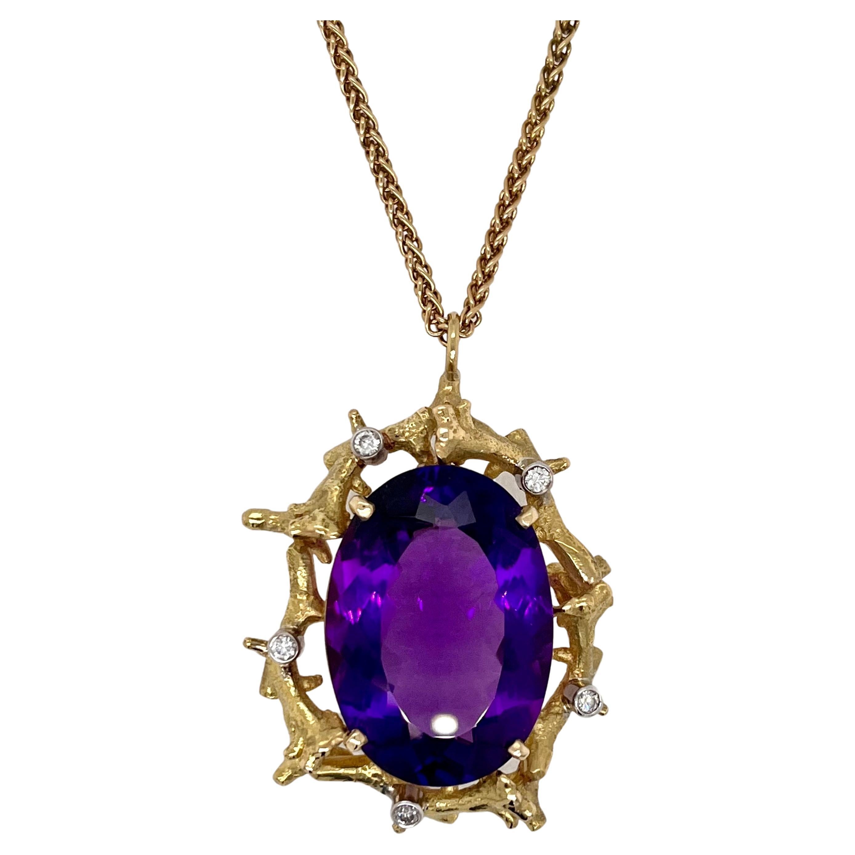 18 Karat Gelbgold gefasster Amethyst  Anhänger Halskette im Angebot