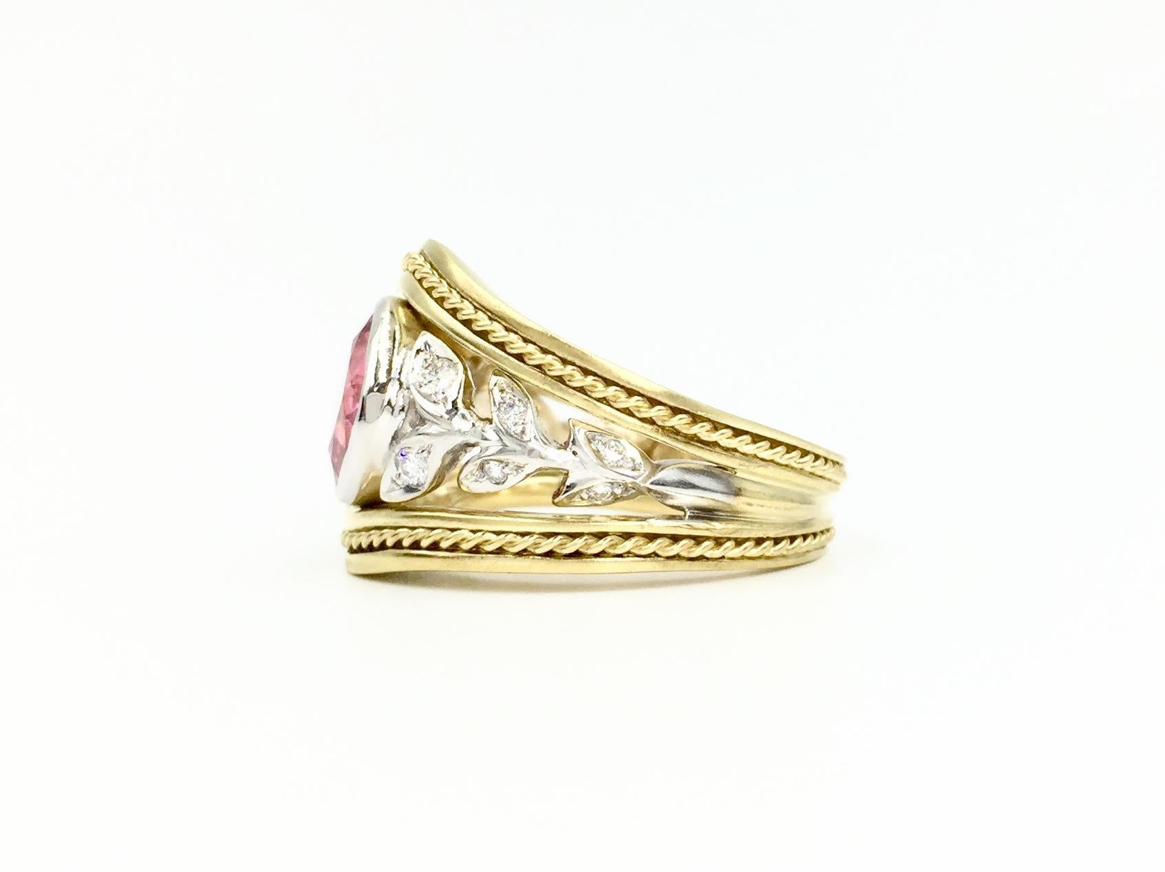 18 Karat Two-Tone Pink Tourmaline and Diamond Leaf Ring For Sale 1