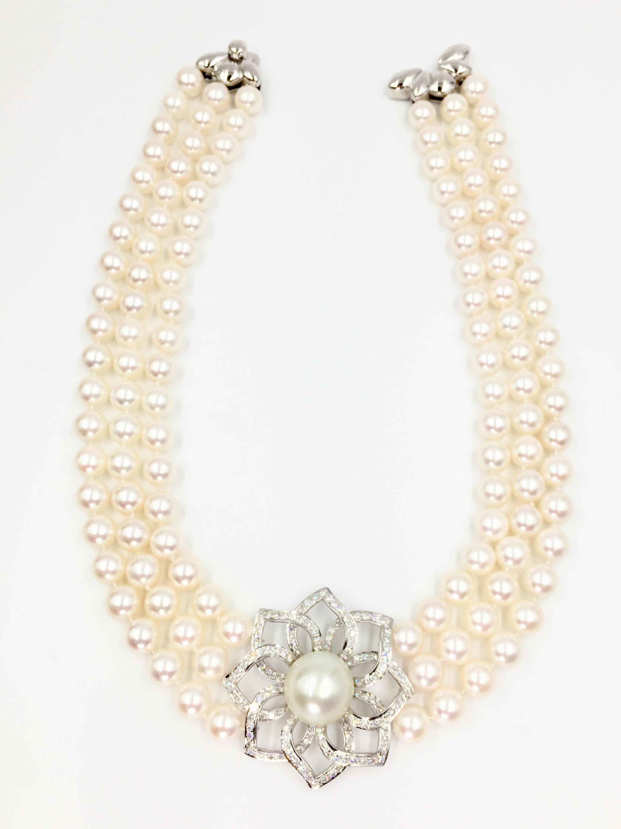 Round Cut 18 Karat Triple Strand Pearl Necklace with Diamond and South Sea Pearl Pendant