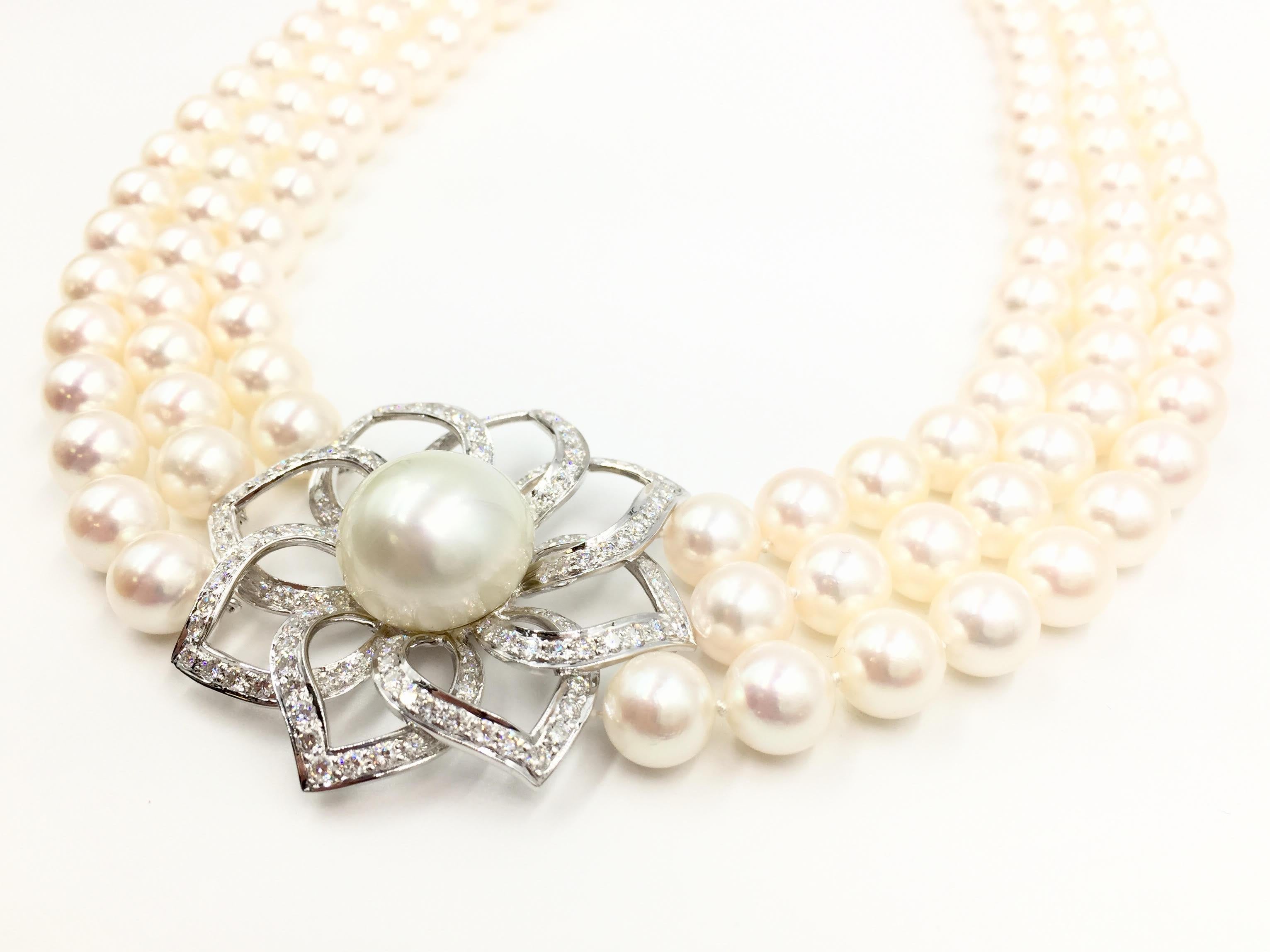 18 Karat Triple Strand Pearl Necklace with Diamond and South Sea Pearl Pendant In Excellent Condition In Pikesville, MD