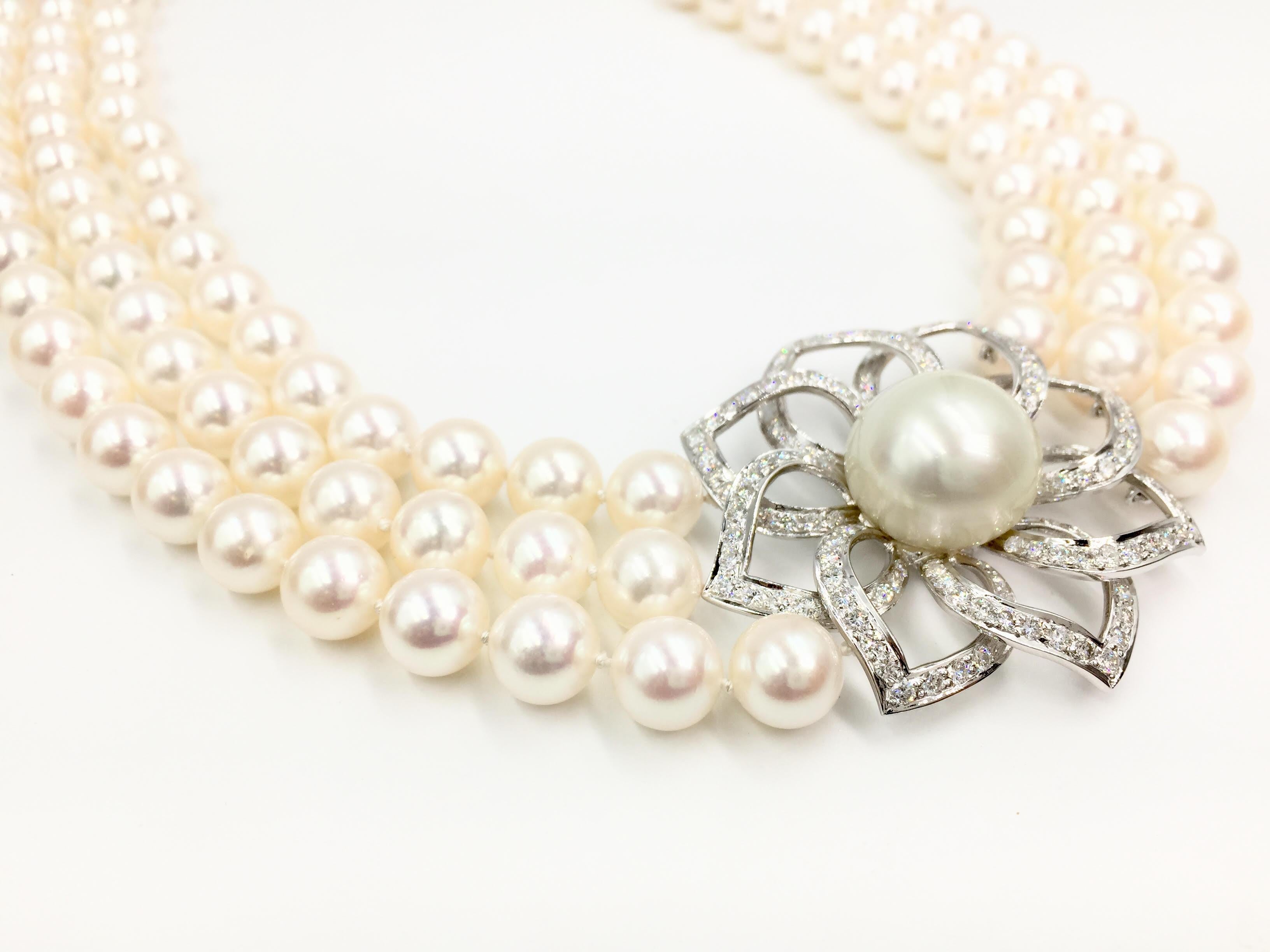 Women's 18 Karat Triple Strand Pearl Necklace with Diamond and South Sea Pearl Pendant