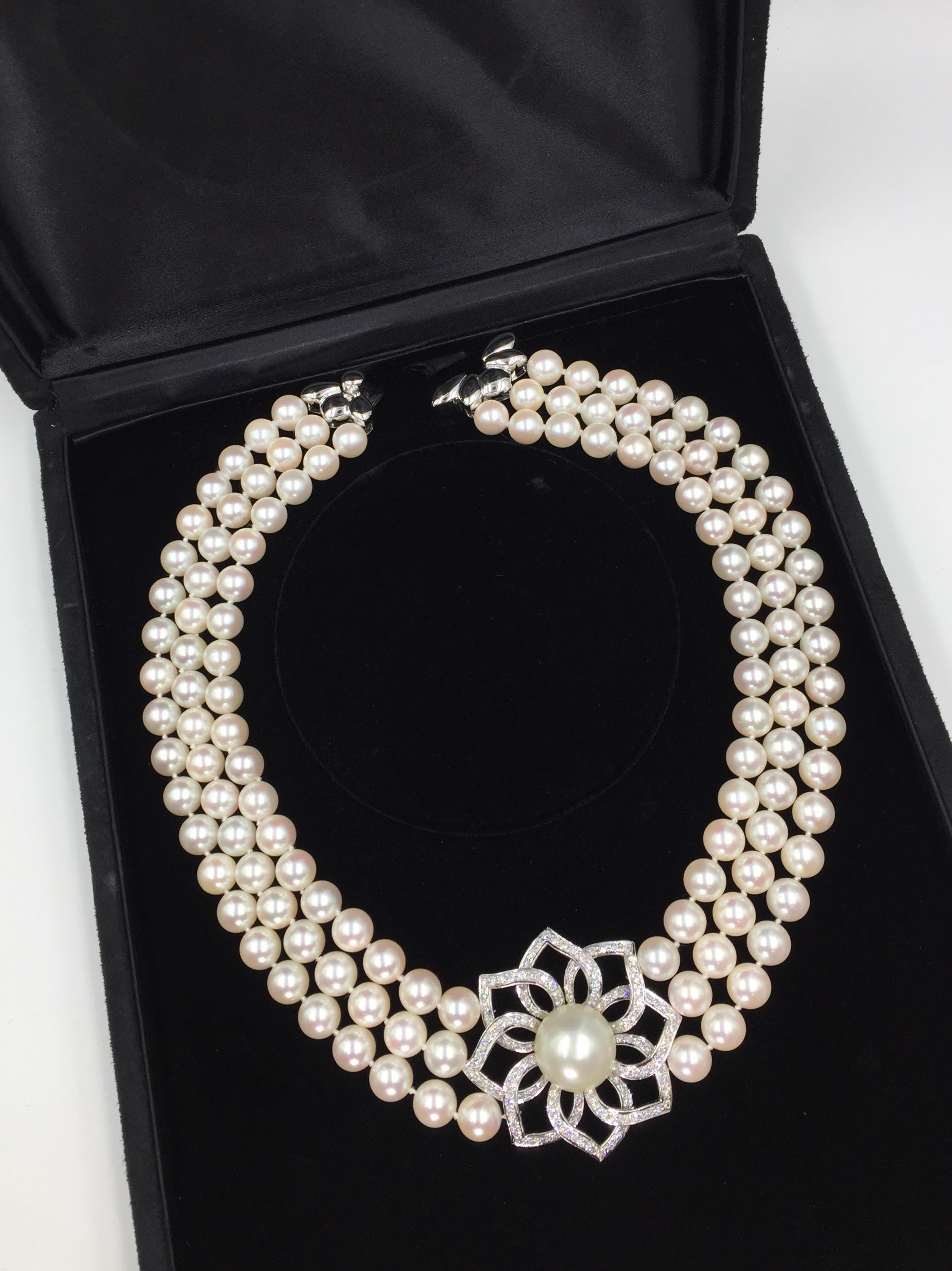 18 Karat Triple Strand Pearl Necklace with Diamond and South Sea Pearl Pendant 2