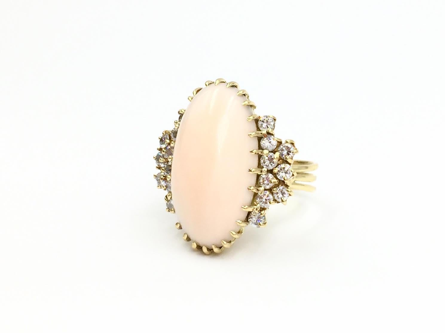 Post-War Vintage 18 Karat Angel Skin Coral and Diamond Ring