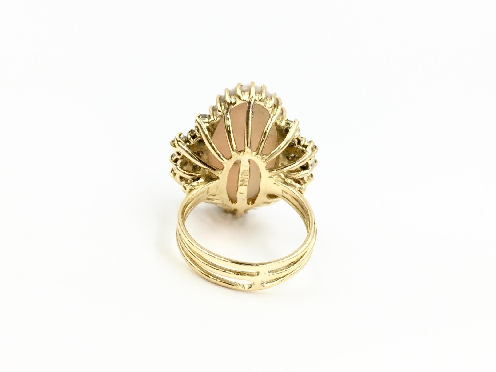 Oval Cut Vintage 18 Karat Angel Skin Coral and Diamond Ring