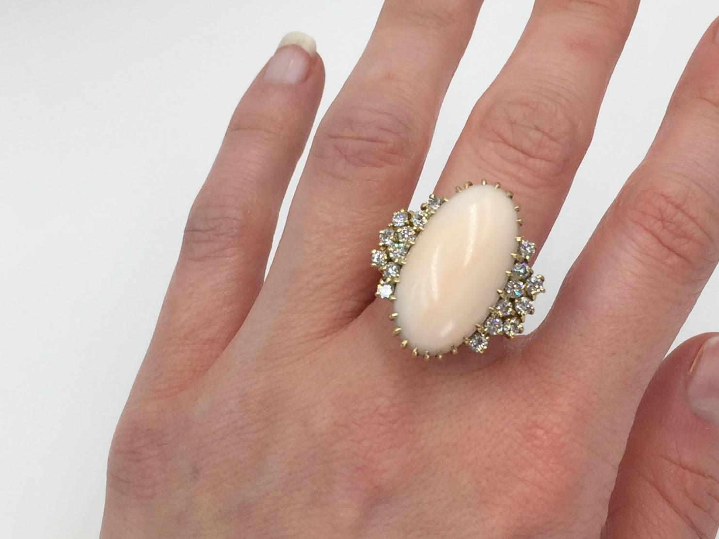 Women's Vintage 18 Karat Angel Skin Coral and Diamond Ring
